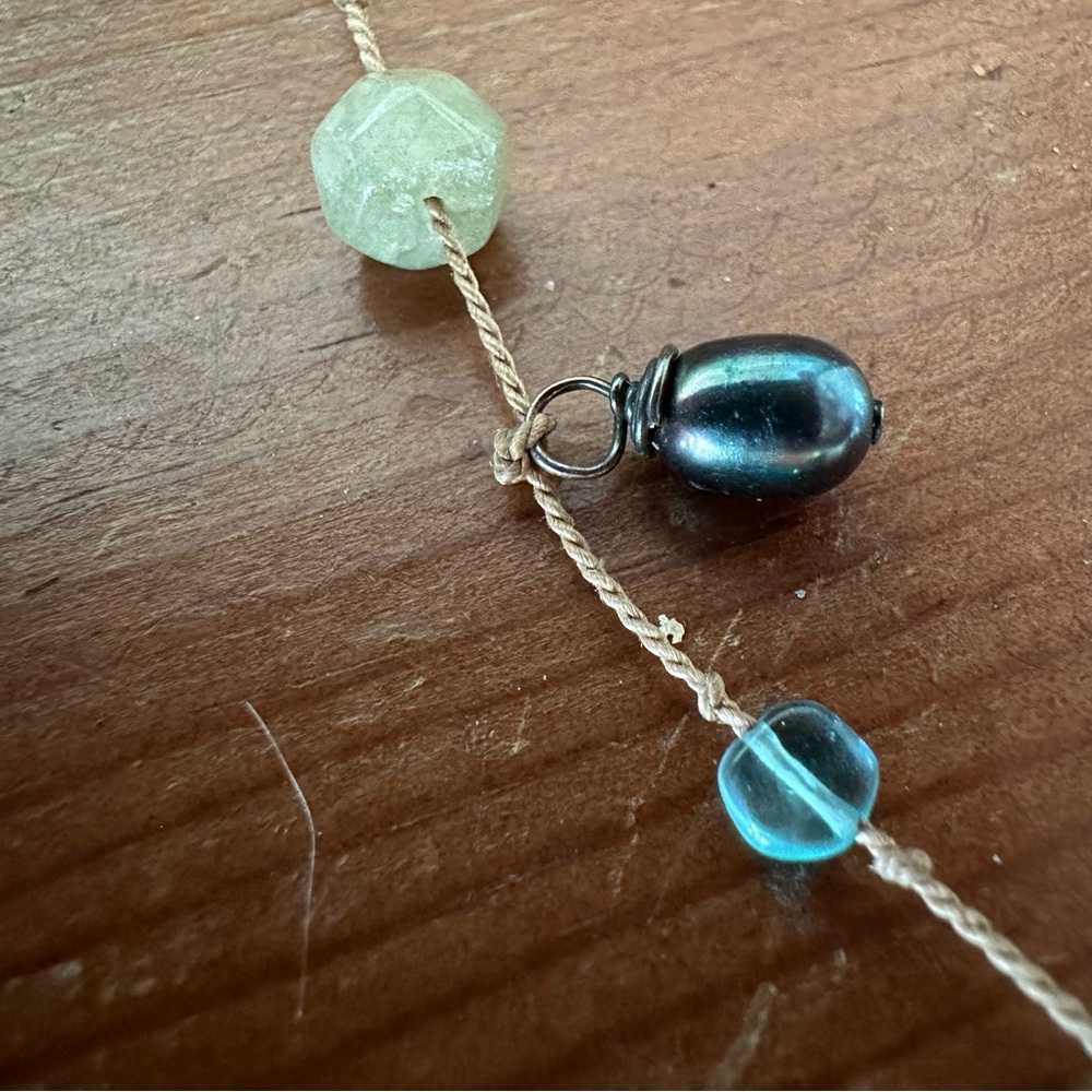 Blue Sea Glass Peacock Pearl Green Prehnite Handmade Cotton Rope Dainty Necklace